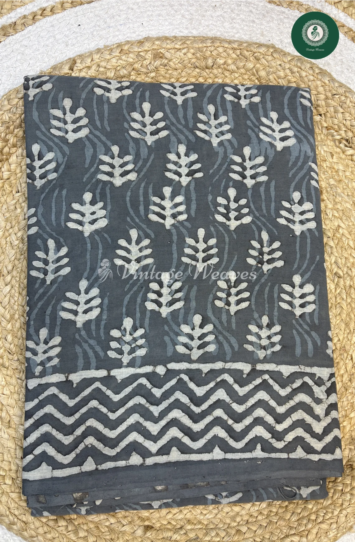 HandBlock Printed Mul Cotton Saree Leaf-Grey