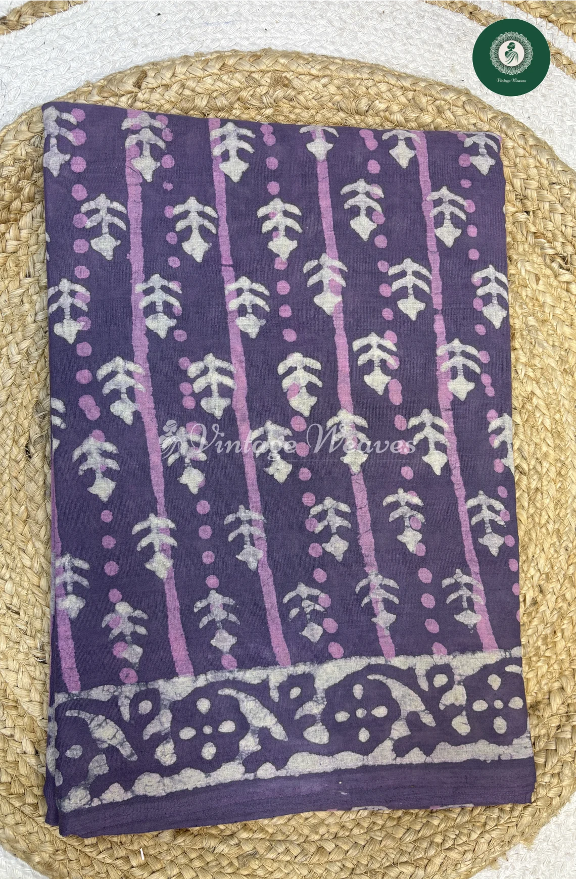 HandBlock Printed Mul Cotton Saree Leaf-Lavender