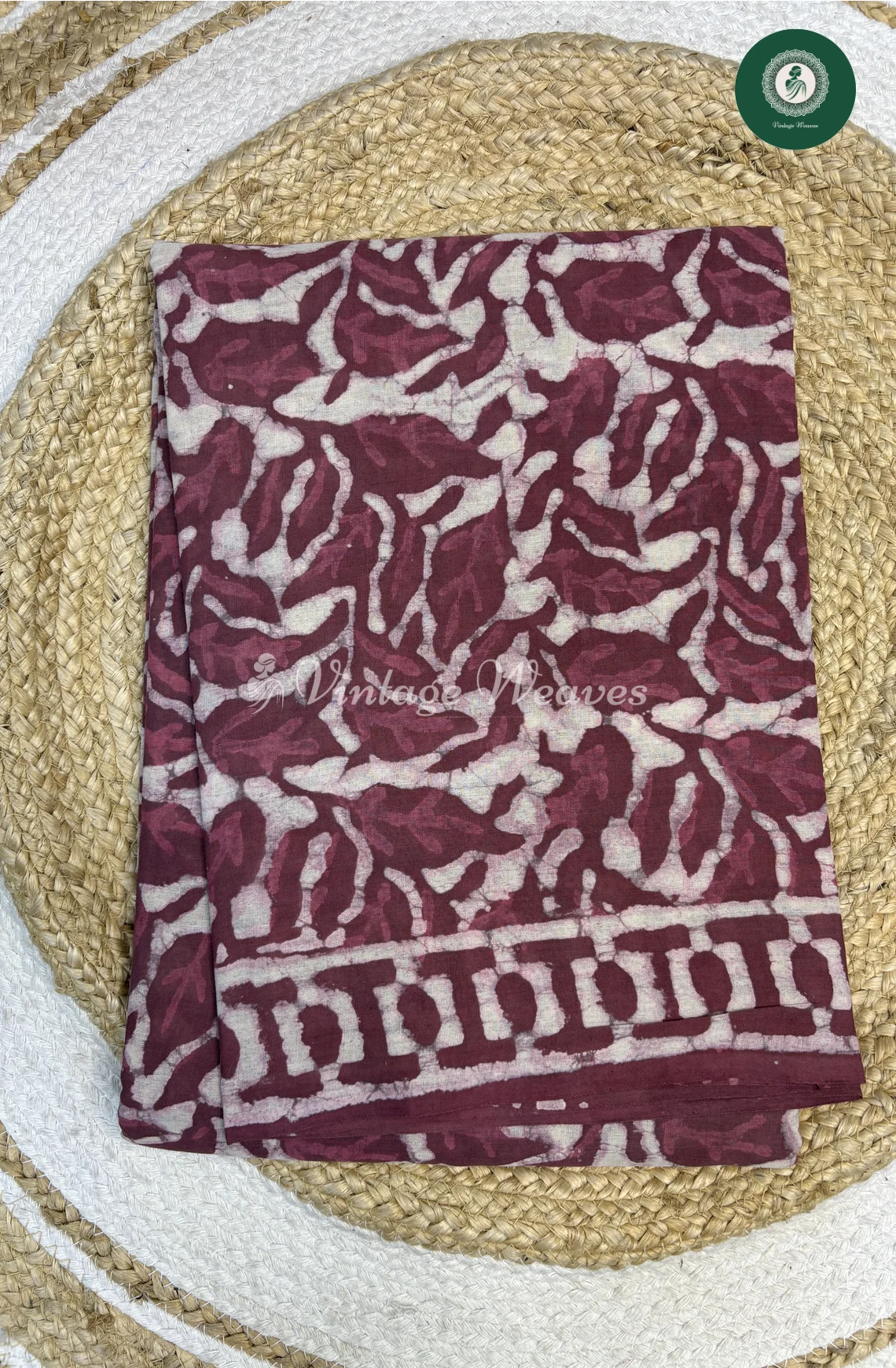 HandBlock Printed Mul Cotton Saree Leaf-Wine