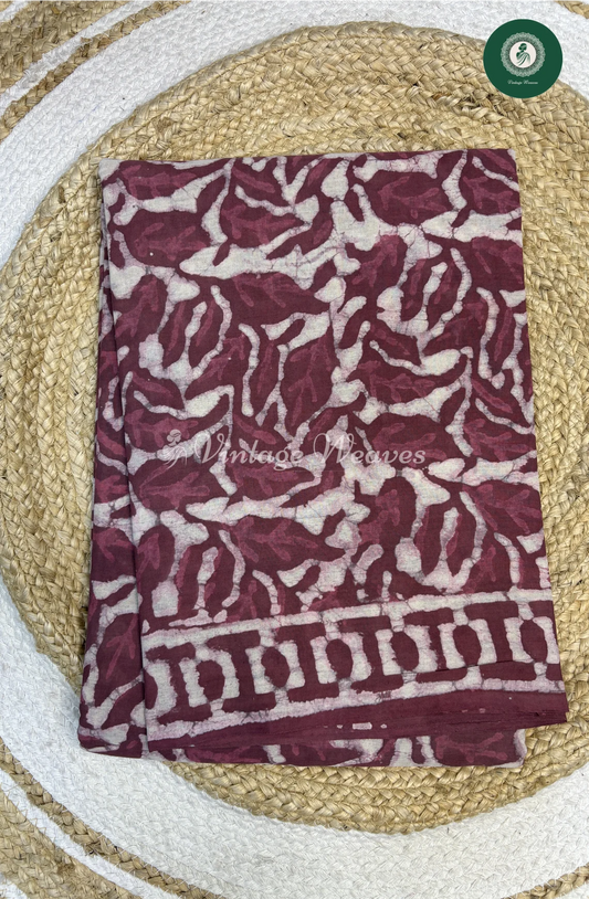 HandBlock Printed Mul Cotton Saree Leaf-Wine