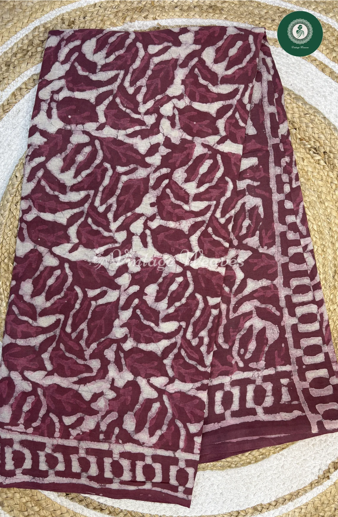 HandBlock Printed Mul Cotton Saree Leaf-Wine