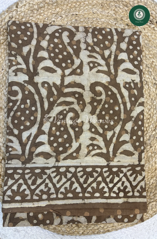 HandBlock Printed Mul Cotton Saree Mango-CoffeeBrown