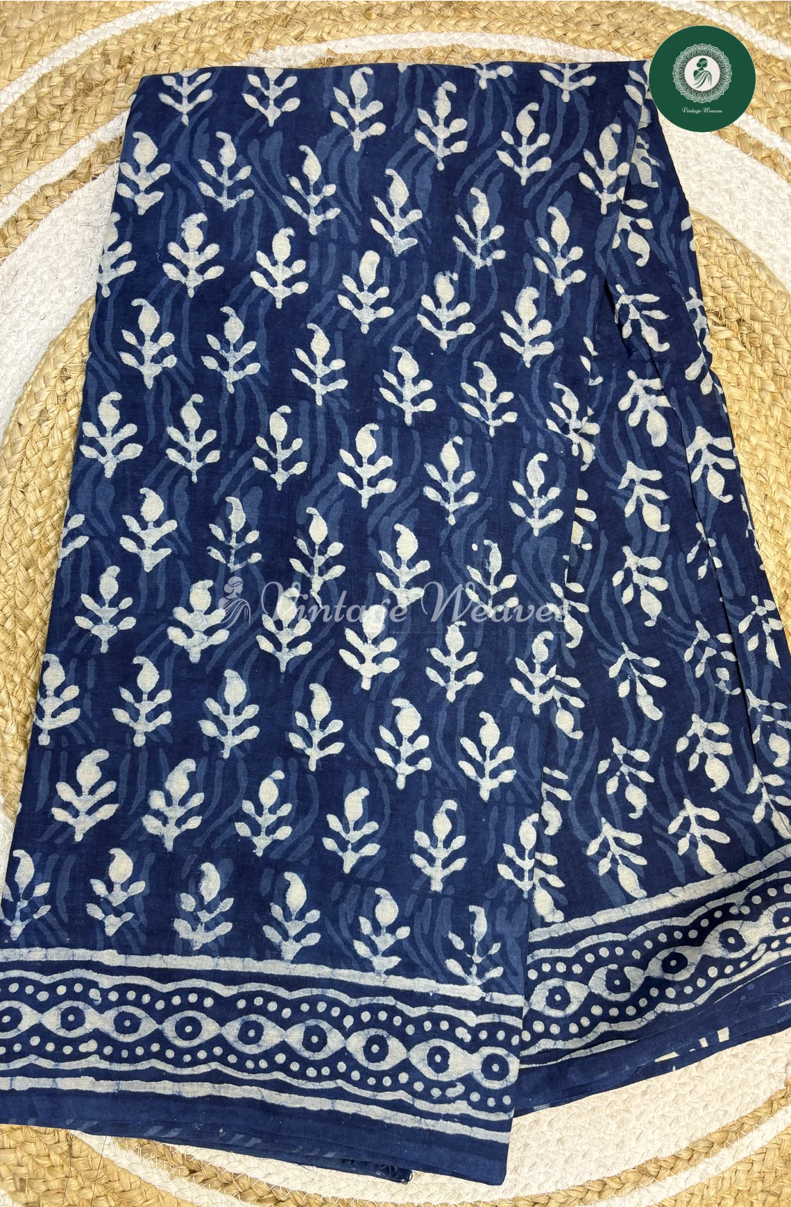 HandBlock Printed Mul Cotton Saree mango-Indigo