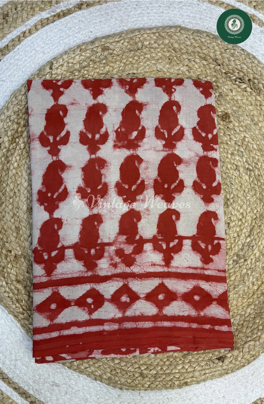 HandBlock Printed Mul Cotton Saree Mango-Orange