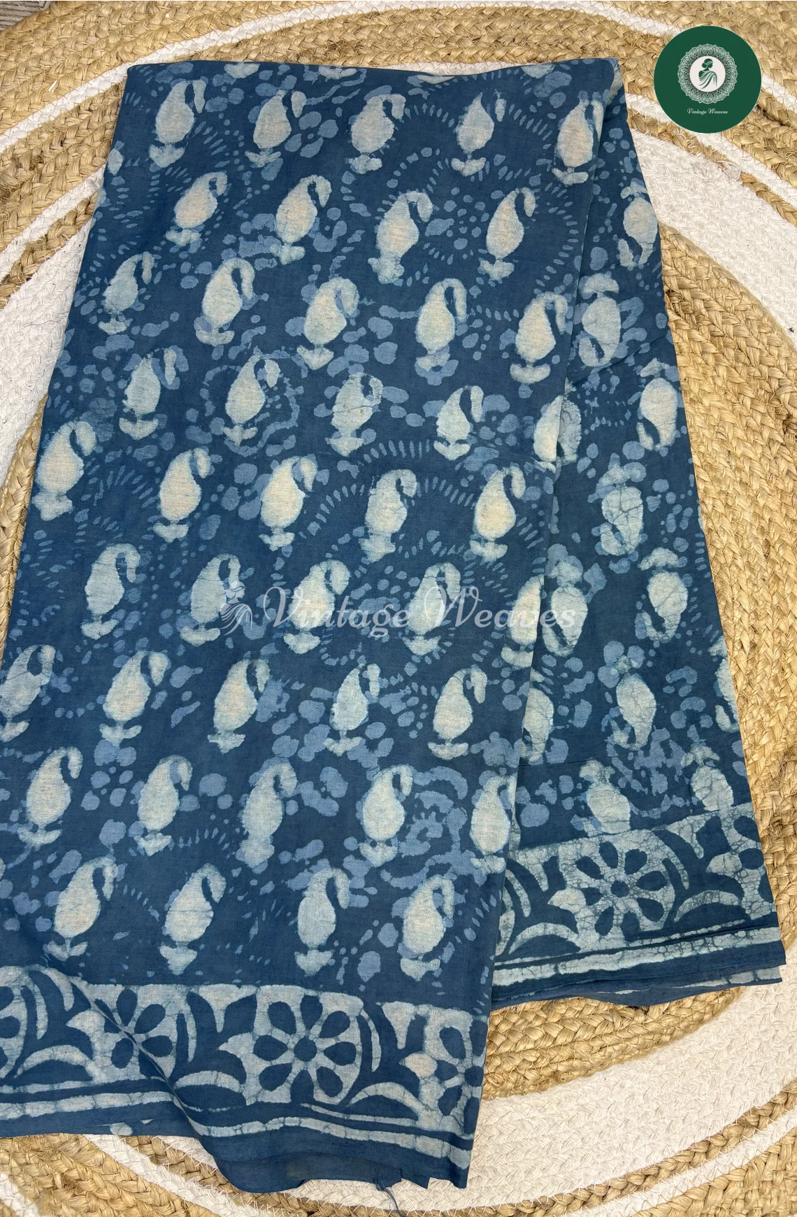 HandBlock Printed Mul Cotton Saree Mango-skyblue