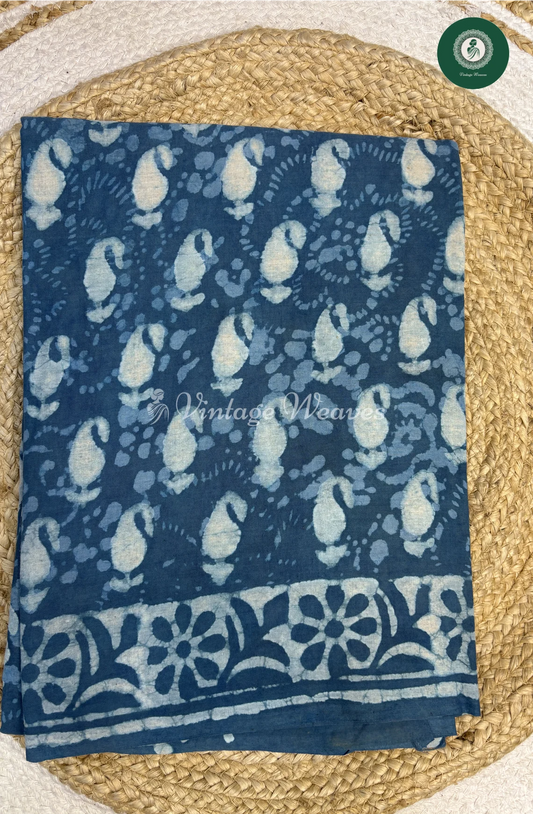 HandBlock Printed Mul Cotton Saree Mango-skyblue