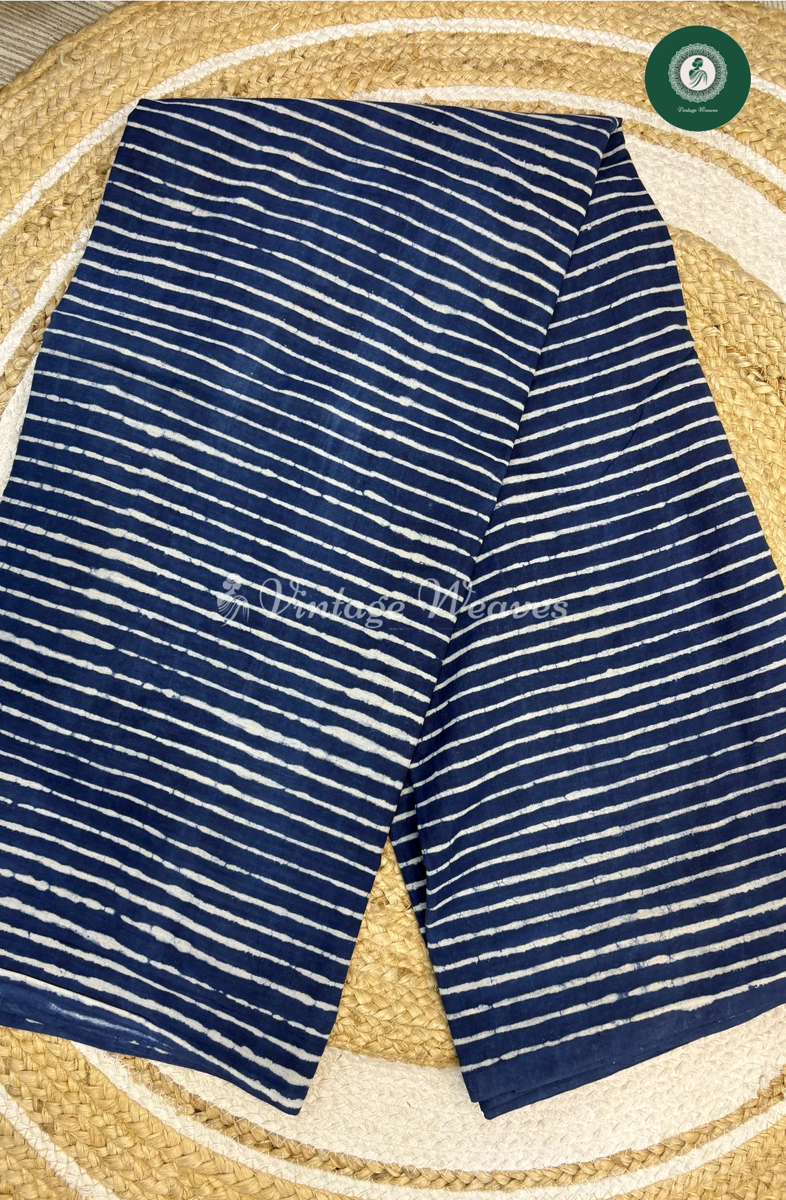 HandBlock Printed Mul Cotton Saree lines-Blue