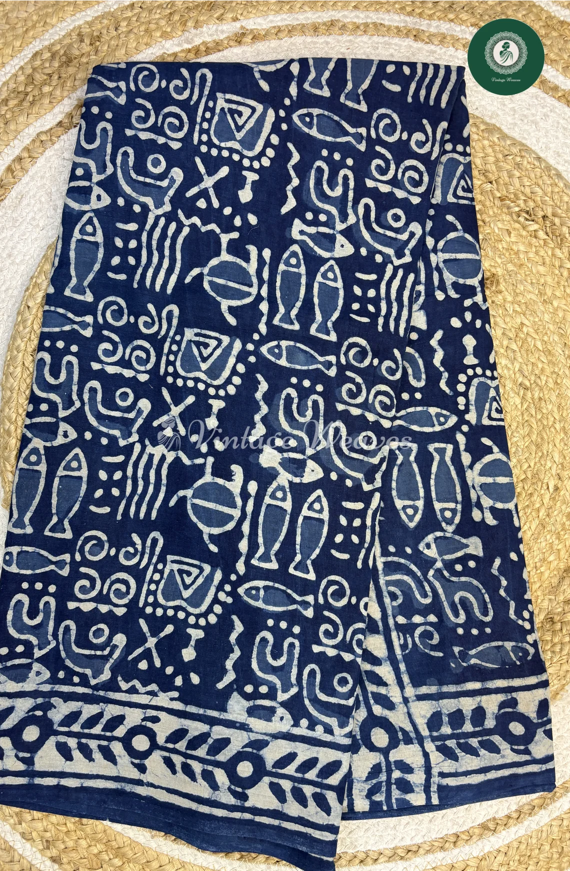 HandBlock Printed Mul Cotton Saree Fish-Indigo