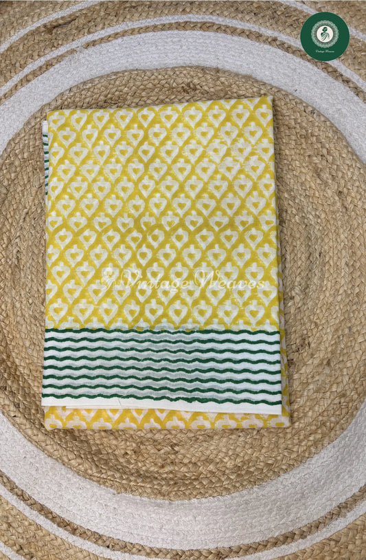 HandBlock Printed Mul Cotton Saree With ZigZagBorder-Yellow