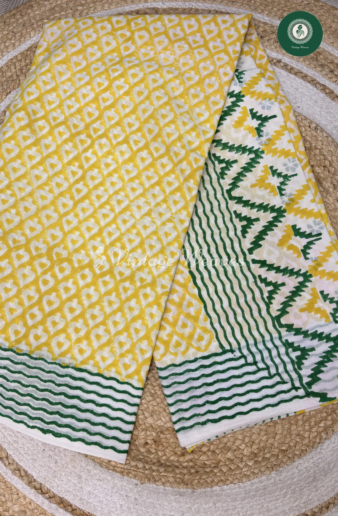 HandBlock Printed Mul Cotton Saree With ZigZagBorder-Yellow