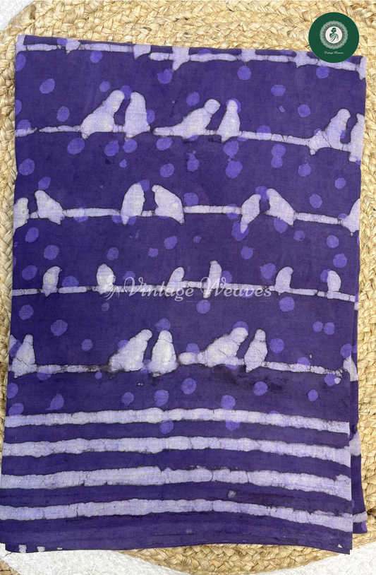HandBlock Printed Mul Cotton Saree bird-Lavender