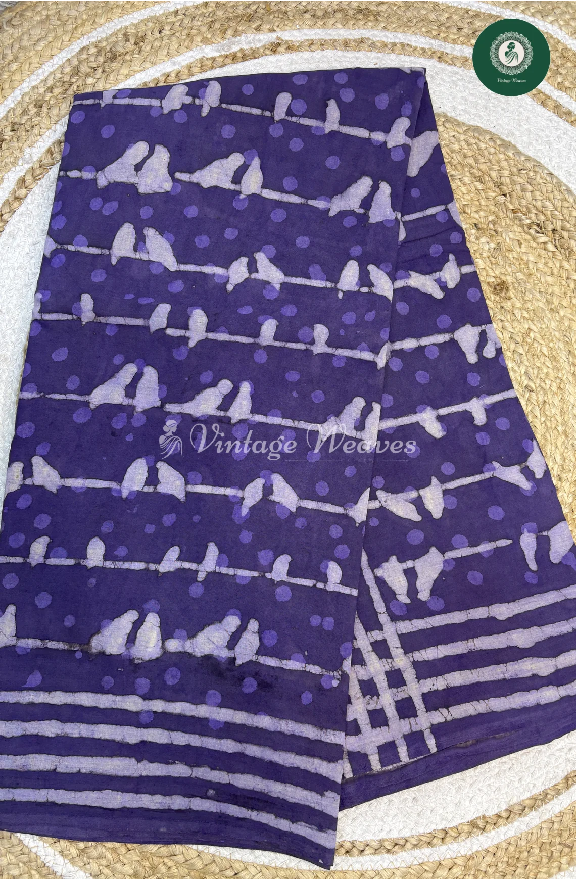 HandBlock Printed Mul Cotton Saree bird-Lavender