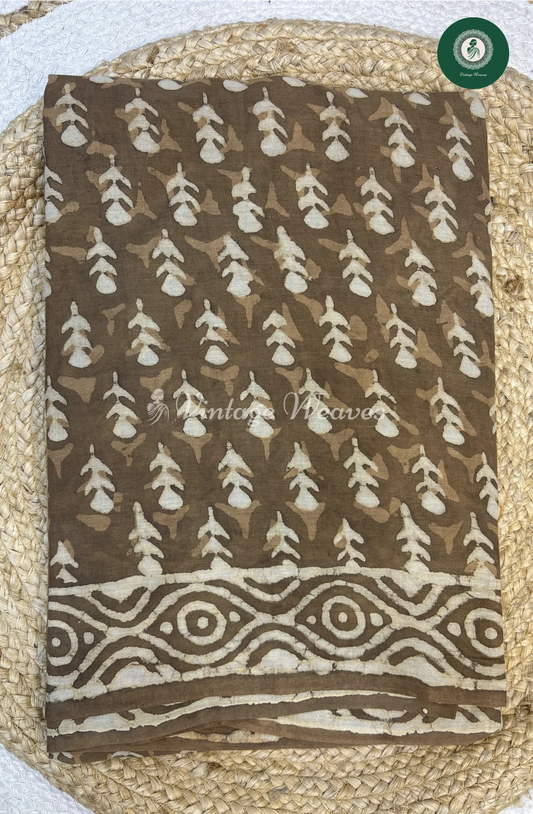HandBlock Printed Mul Cotton Saree leaf-Skin