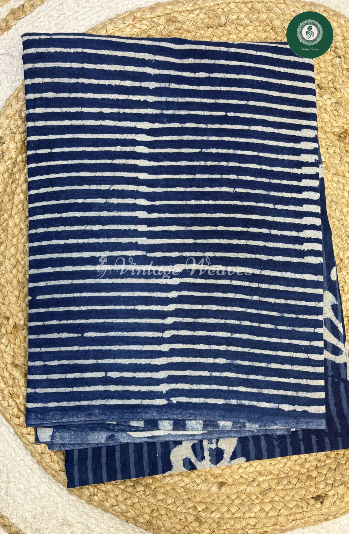 HandBlock Printed Mul Cotton Saree lines-Blue