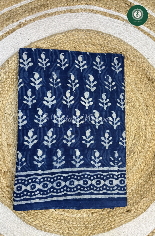 HandBlock Printed Mul Cotton Saree mango-Indigo