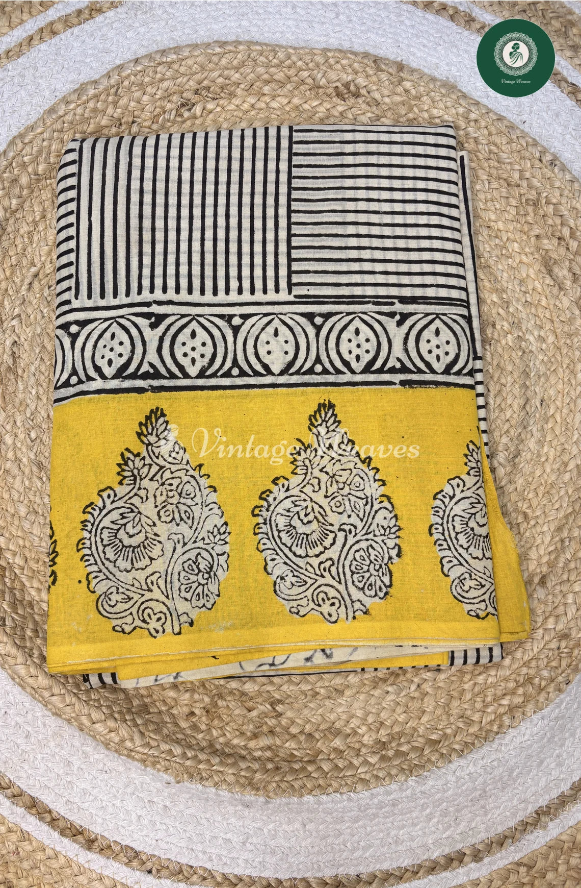 HandBlock Printed Mul Cotton Saree with BlackLines