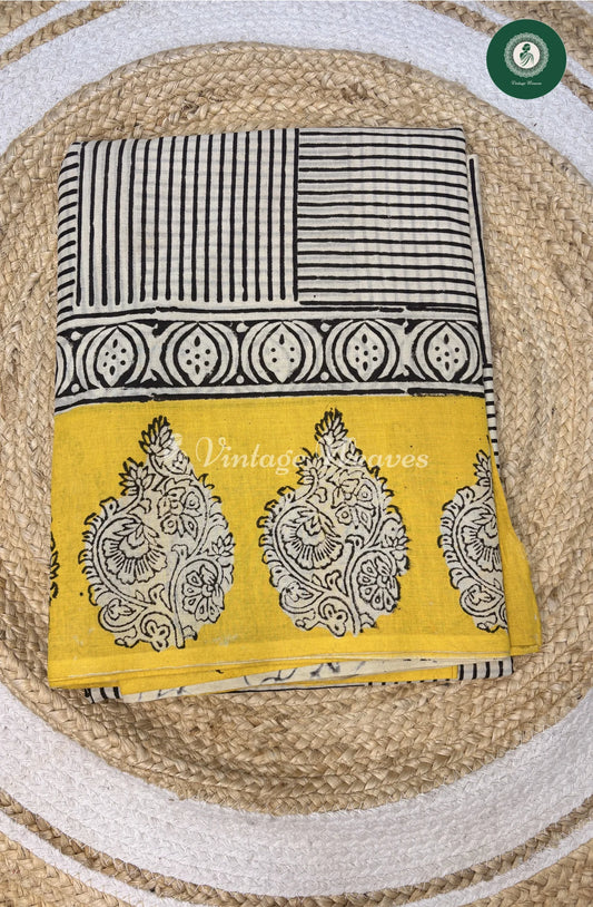HandBlock Printed Mul Cotton Saree with BlackLines