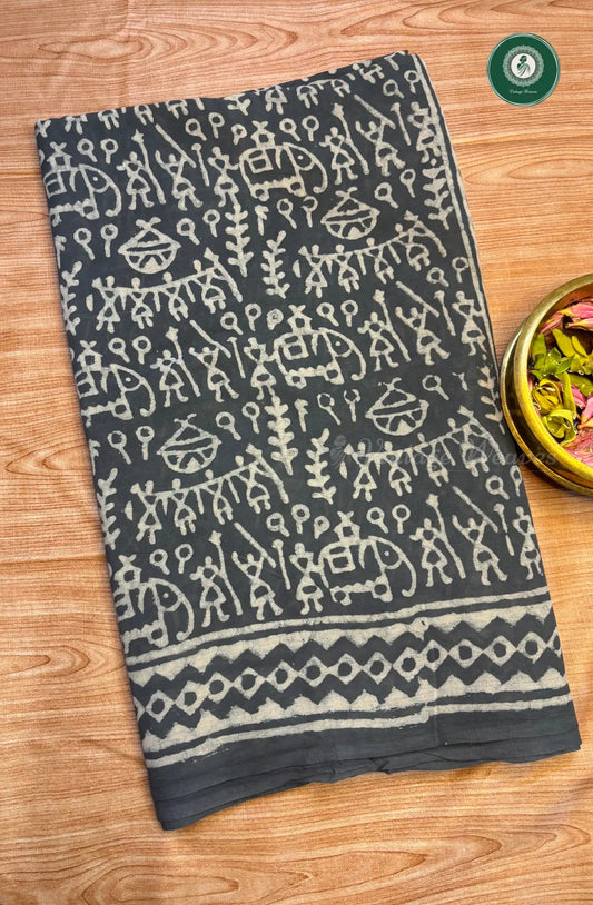 Hand Block Printed Pure Mul Mul Cotton Saree - Grey