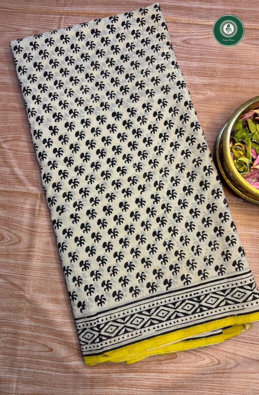 Hand Block Printed Pure Mul Mul Cotton Saree - Sandal