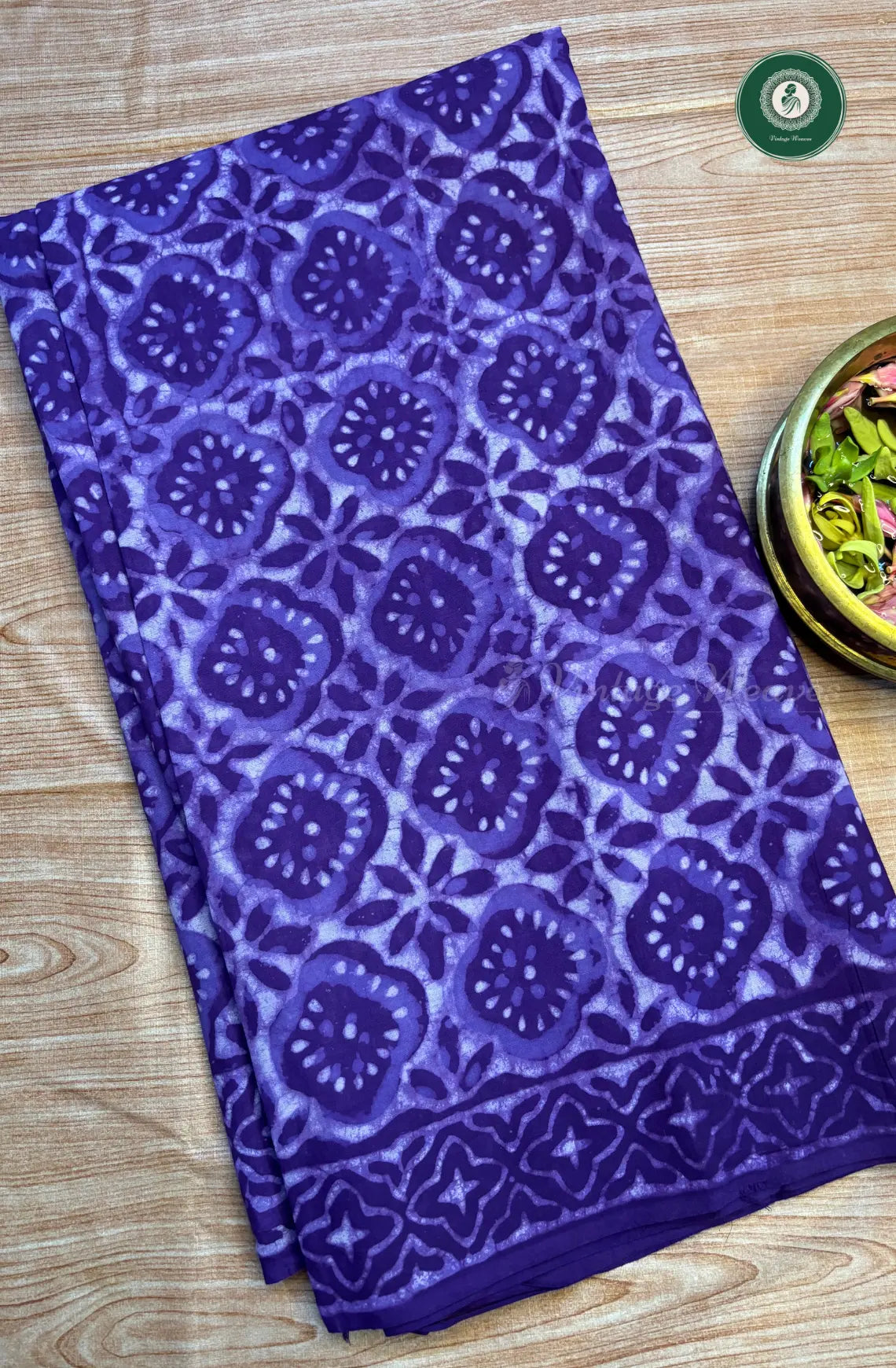Hand Block Printed Pure Mul Mul Cotton Saree - Violet