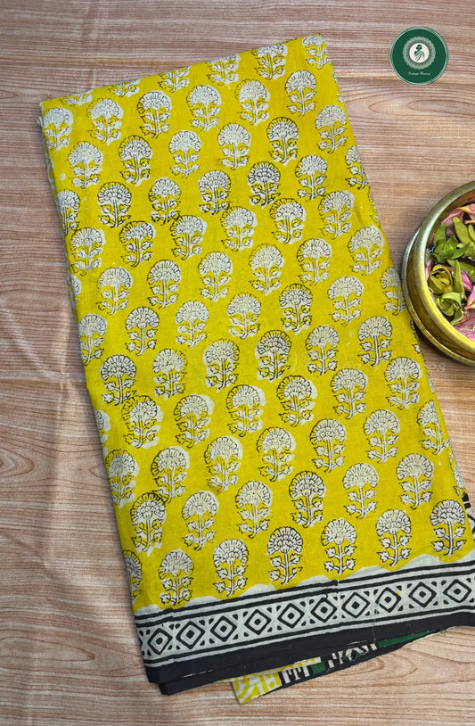 Hand Block Printed Pure Mul Mul Cotton Saree - Yellow