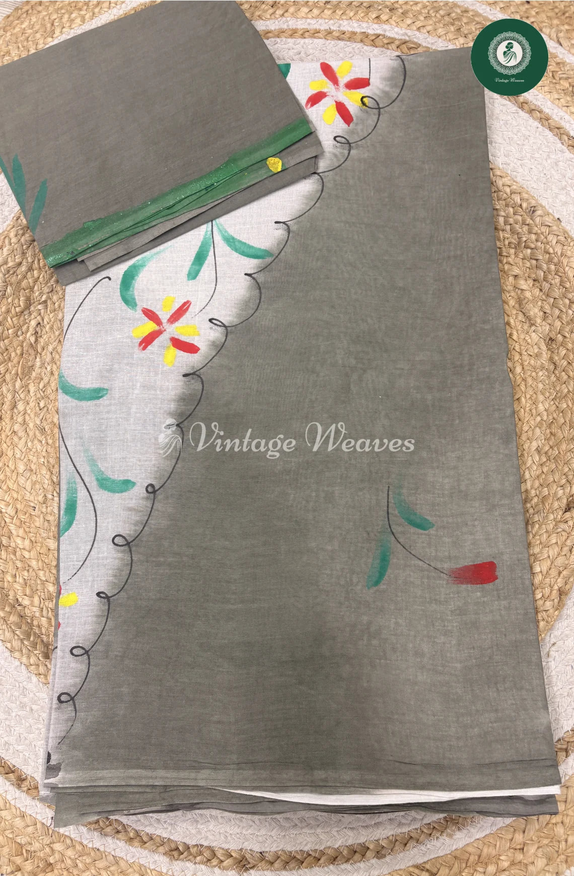 HandPainted Cotton Saree-Grey