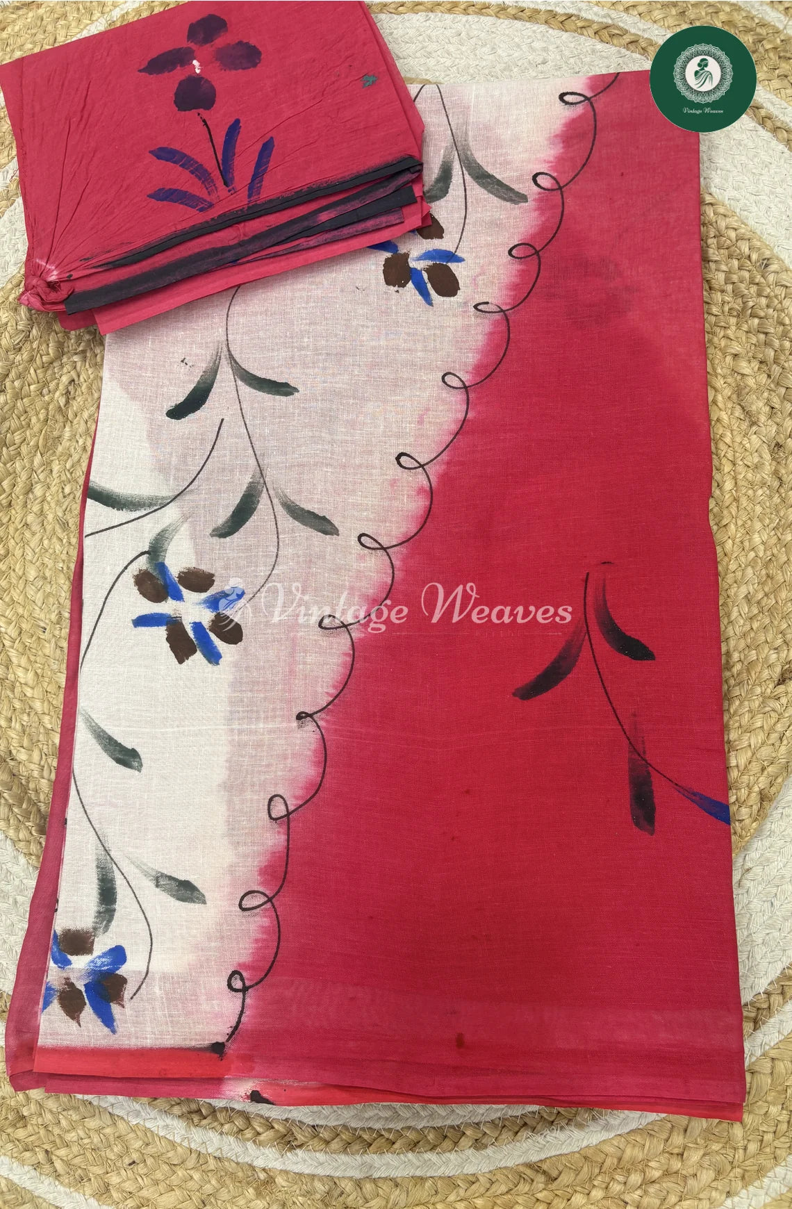 Hand Painted Cotton Saree-Red