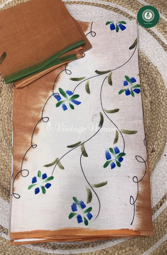 Hand Painted Cotton Saree-Sandel