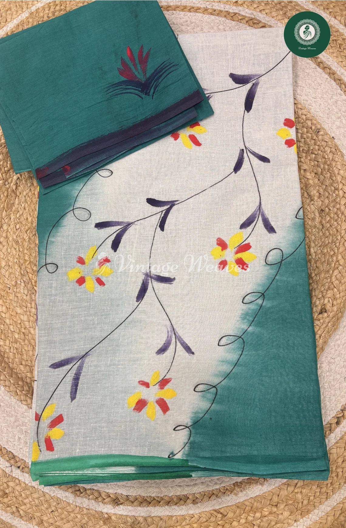 Hand Painted Cotton Saree-Seablue