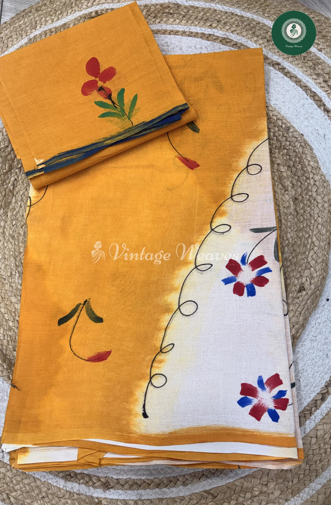 Hand Painted Cotton Saree-Yellow