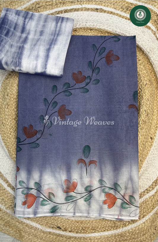 HandPainted Daily Wear Cotton SareeWith Flower-Blue