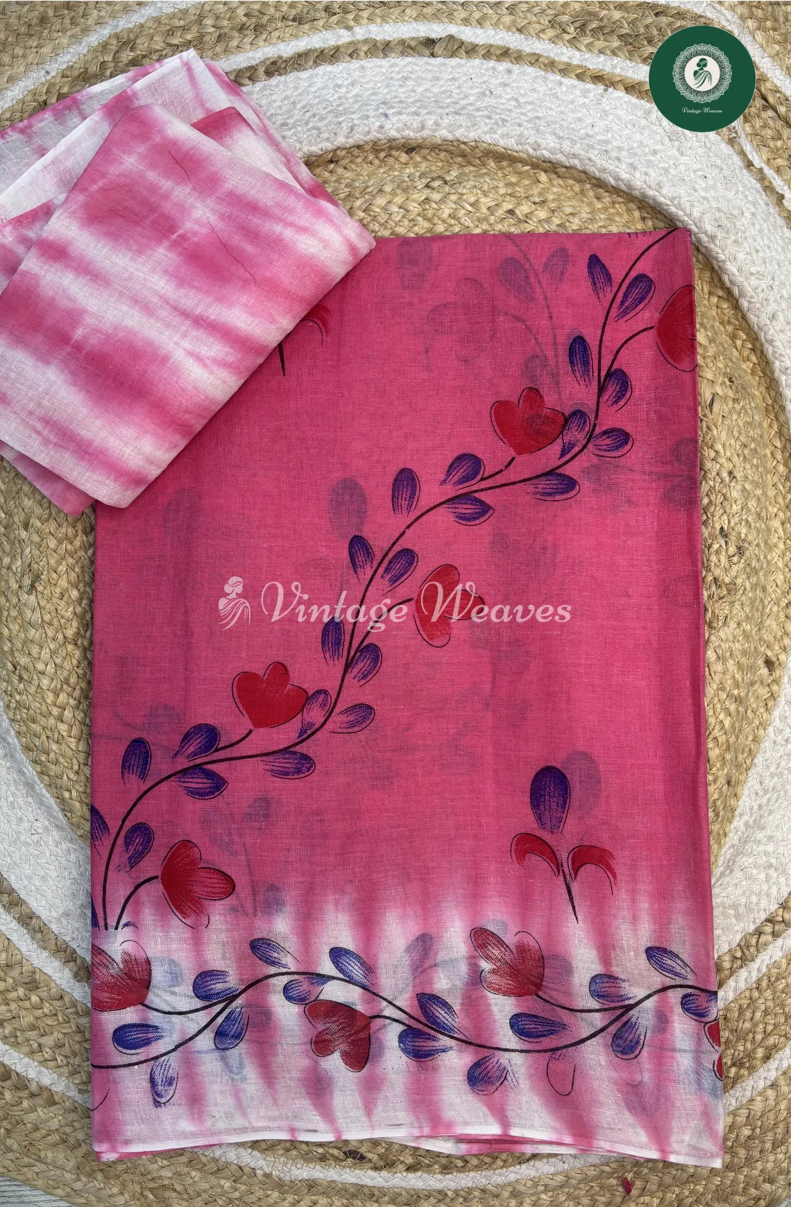 HandPainted Daily Wear Cotton SareeWith Flower-Pink