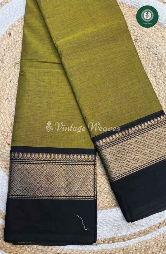 Handloom Chettinad Cotton Saree -GreenishYellow With Black