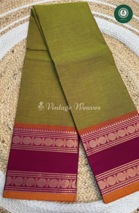 Handloom Chettinad Cotton With DoubleBorder-Green with Pink