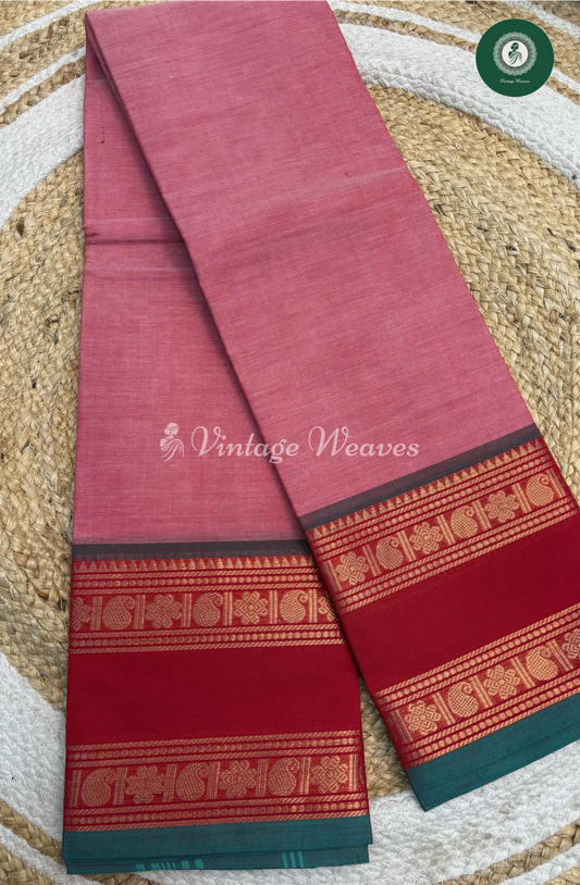 Handloom Chettinad Cotton Saree With Double Mango Border-Red