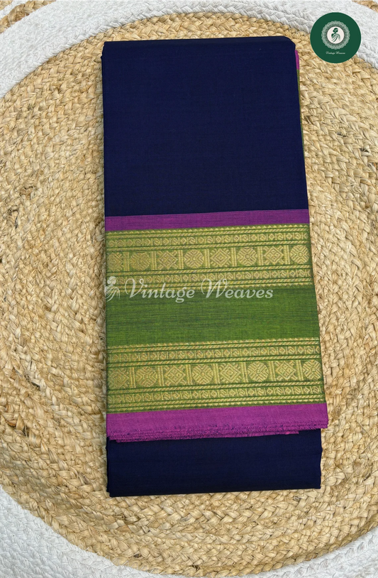 Handloom Chettinad Cotton Saree With DoubleBorder1-NavyBlue