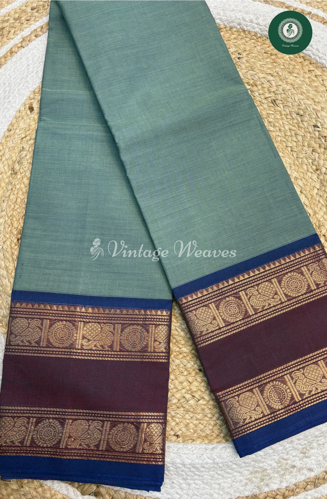 Handloom Chettinad Cotton With DoubleBorder-BlueWithMarron