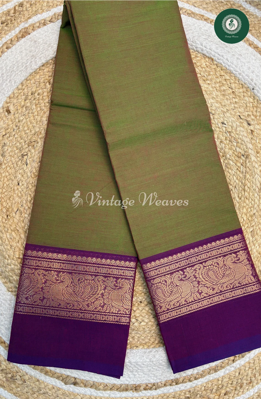 Handloom Chettinad Cotton With Peacock Motif-GreenWithpurple
