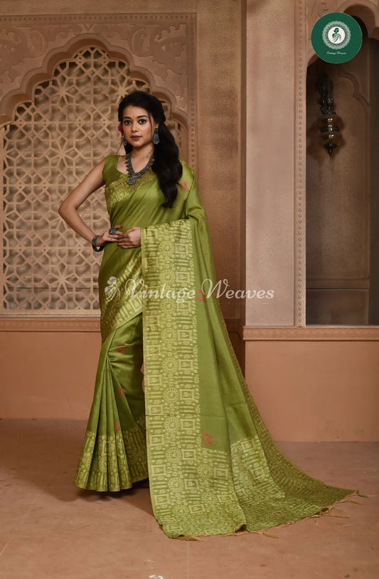 Handloom Raw silk saree with varli printed border-LightGreen