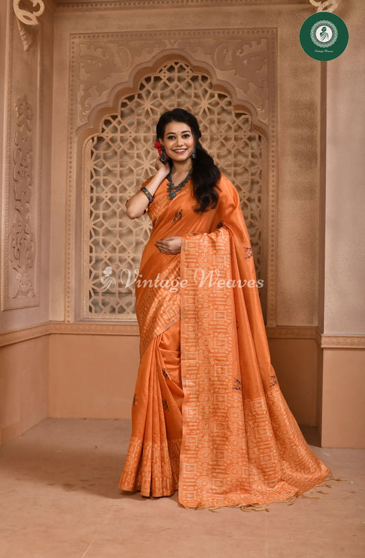 Handloom Raw silk saree with varli printed border-Orange