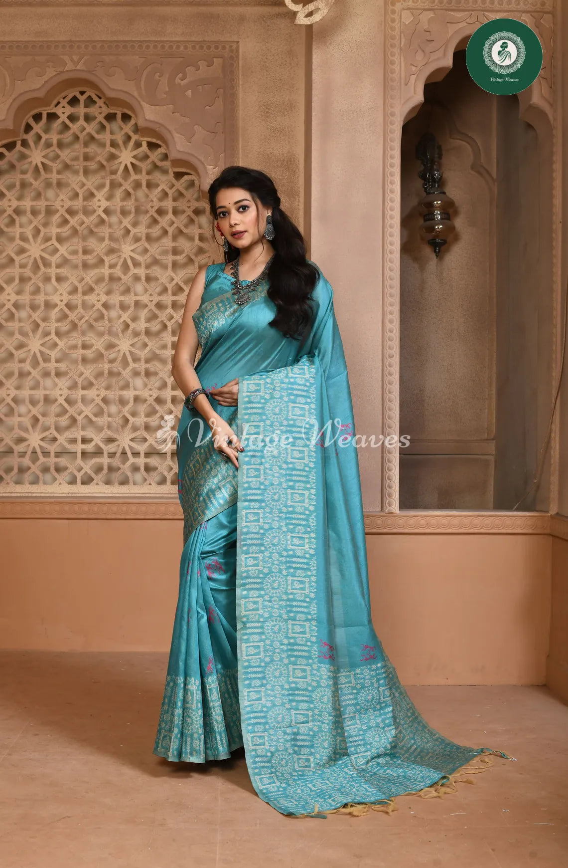 Handloom Raw silk saree with varli printed border-SkyBlue