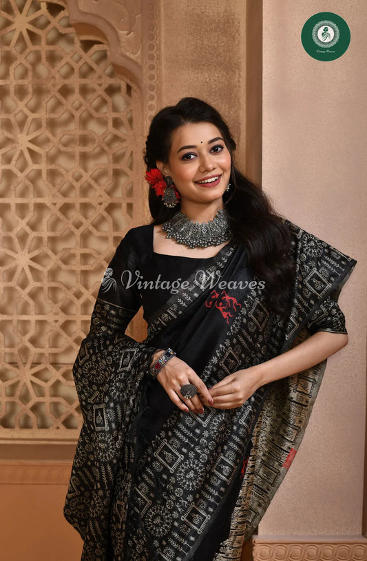 Handloom Raw silk saree with varli printed border-Black