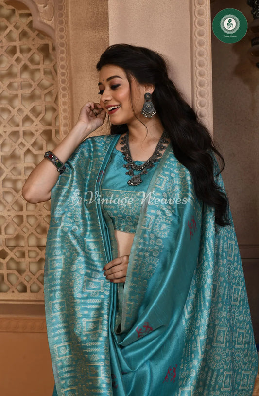 Handloom Raw silk saree with varli printed border-SkyBlue