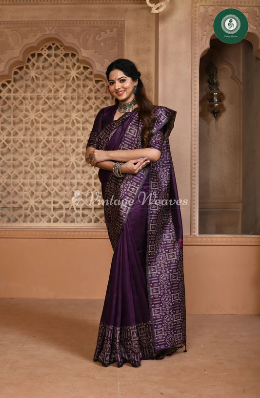 Handloom Raw silk saree with varli printed border-Violet