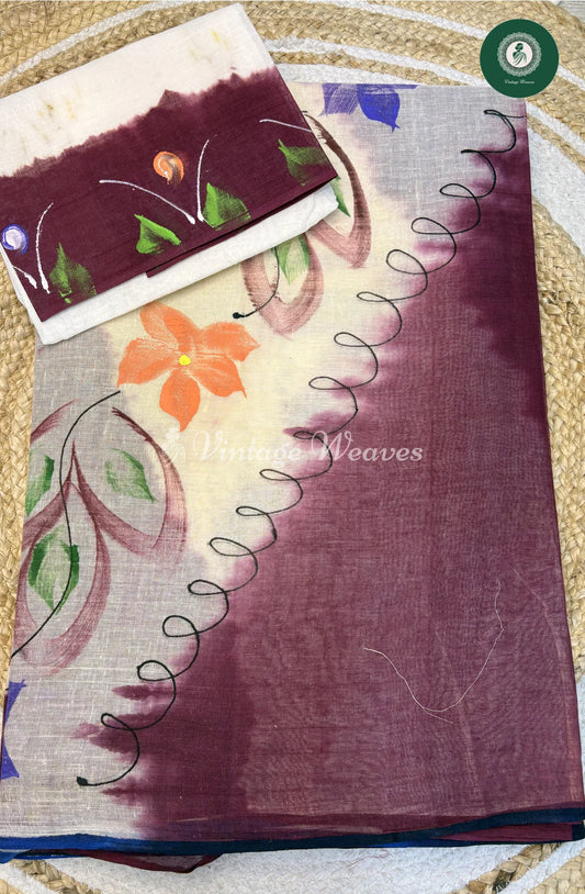Handpainted Cotton Saree -Purple