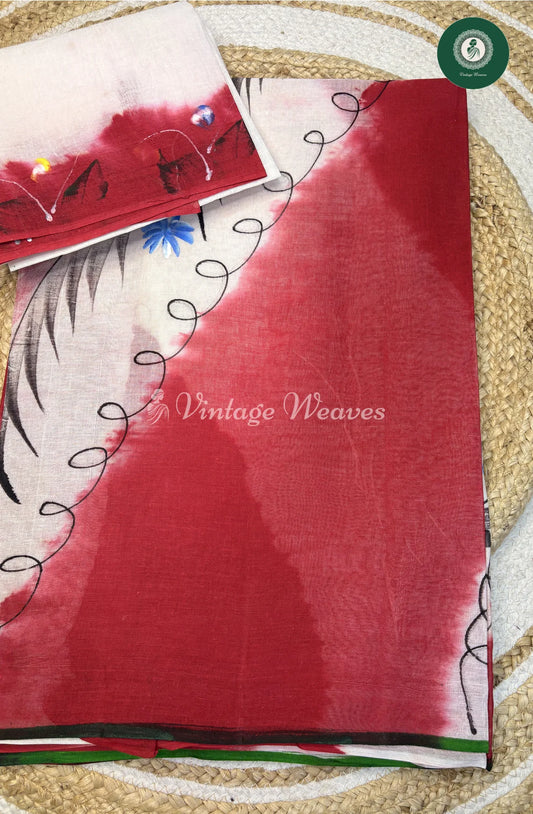 Handpainted Cotton Saree -Red