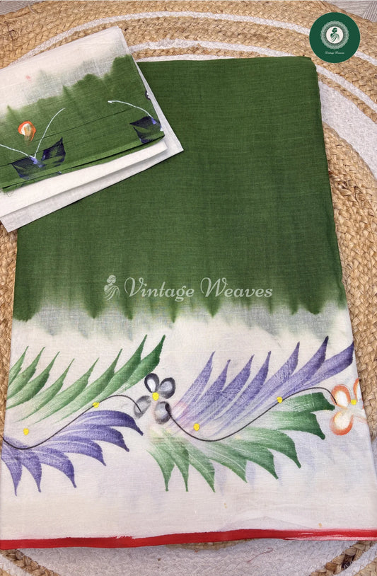 Handpainted Cotton Saree With Whiteborder-Green