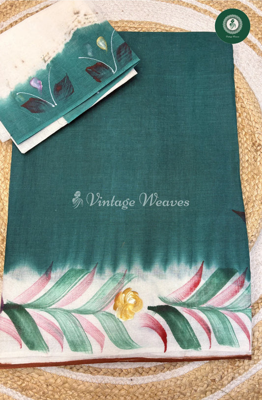 Handpainted Cotton Saree With Whiteborder-Seablue