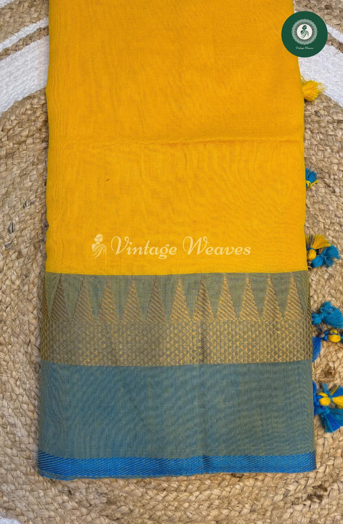 Handwoven Bengal Cotton Saree with Temple Border-yellow
