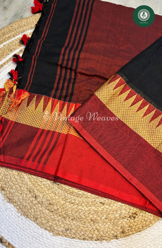 Handwoven Bengal Cotton Saree with Temple Border-Black